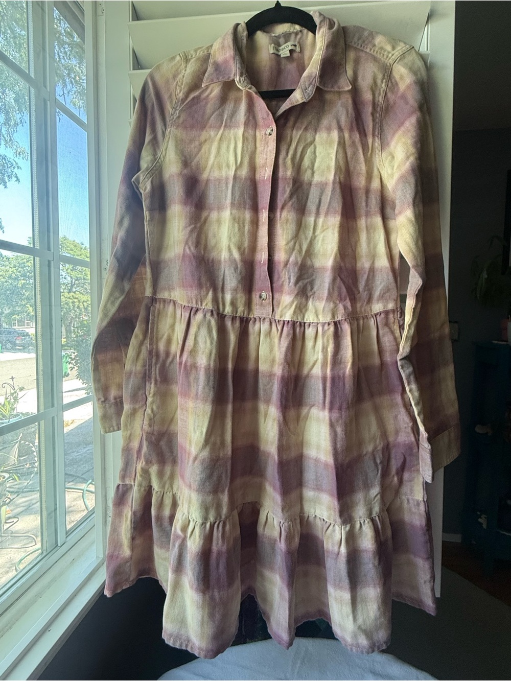 Toad&Co Pink and Cream Plaid Tiered Shirt Dress